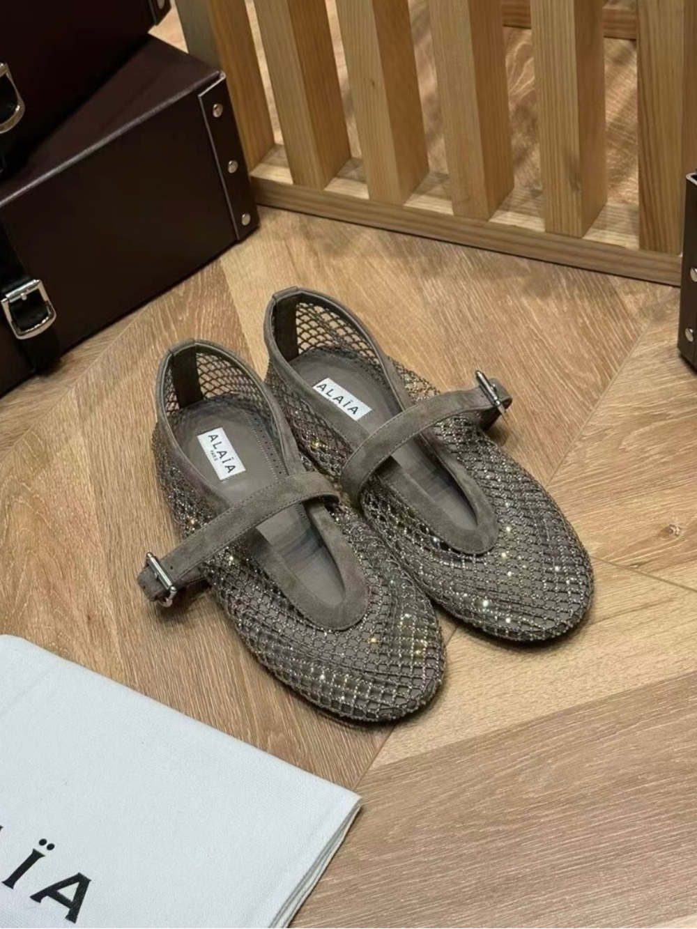 Alaïa Taupe Mesh Mary Jane Flats with Crystal Accents